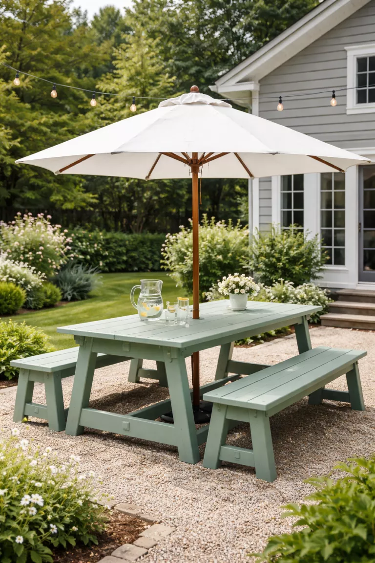 A realistic photo of a typical American home's backyard featuring a soft sage green recycled plastic dining table with a built in white umbrella, matching benches, and a clear water pitcher on a gravel patio area.
