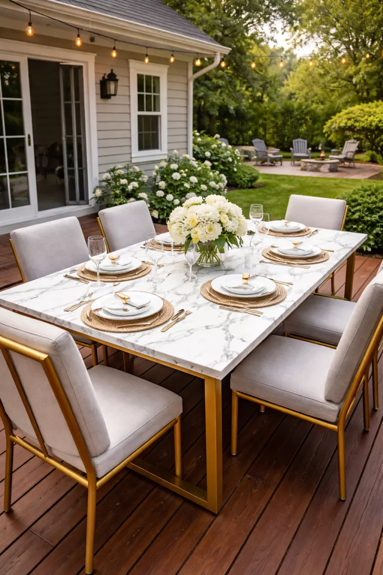 A realistic photo of a typical American home's backyard showcasing a white faux marble dining table with gray veins, gold metal legs, and formal white porcelain plates on a polished wood deck.