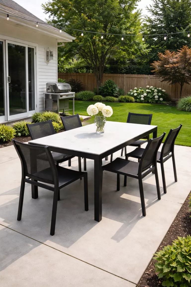 A realistic photo of a typical American home's backyard with a matte black powder coated aluminum dining table with a white stone top, stackable black chairs, and a clear glass vase on a modern concrete terrace.