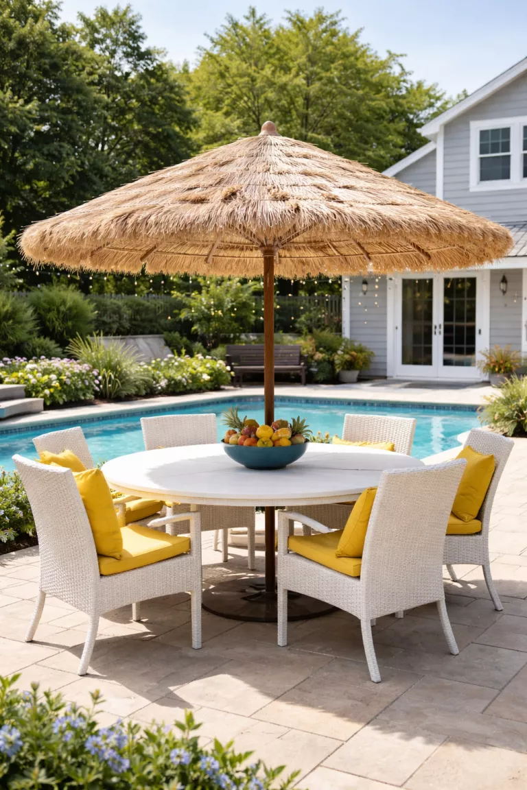 A realistic photo of a typical American home's backyard featuring a white round dining table with a central tan thatched umbrella, matching chairs with yellow cushions, and a blue fruit bowl poolside.