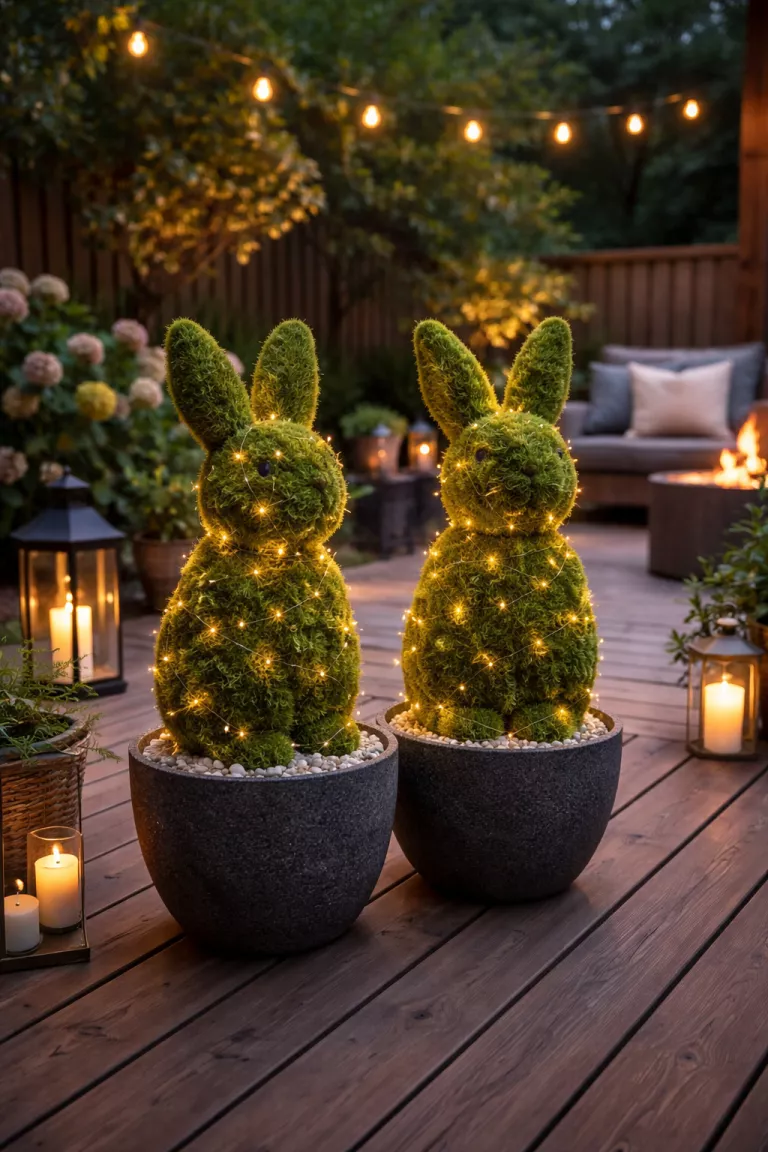 A realistic photo of a typical American home's backyard featuring a pair of green moss covered bunny topiaries standing in dark grey stone planters on a wooden deck, adorned with thin battery operated fairy lights for evening illumination.