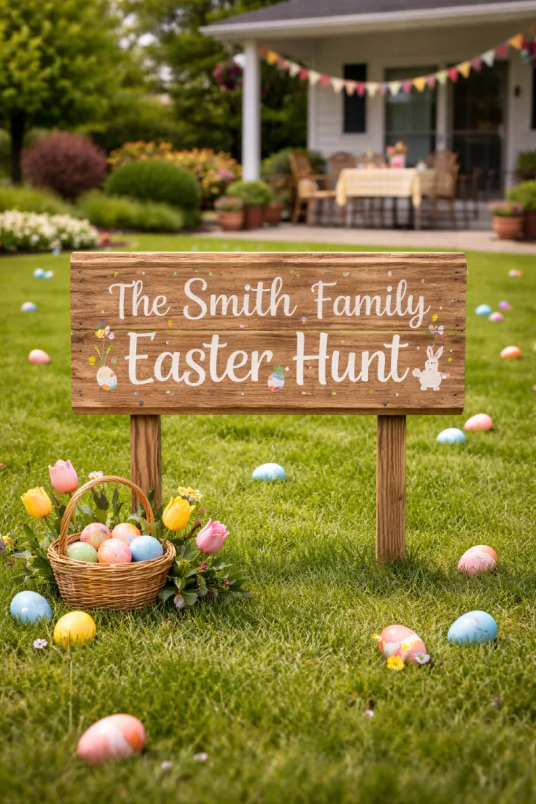 A realistic photo of a typical American home's backyard lawn featuring a sturdy wooden garden sign that says The Smith Family Easter Hunt in white paint over a rustic light brown wood finish.