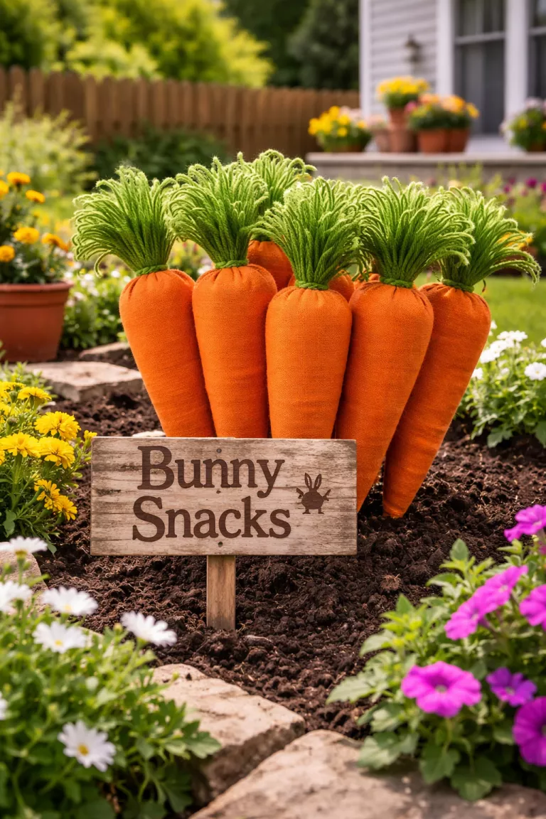 A realistic photo of a typical American home's backyard garden bed featuring six large orange fabric carrots with green yarn tops bunched together and stuck into the soil with wooden signs that say Bunny Snacks.