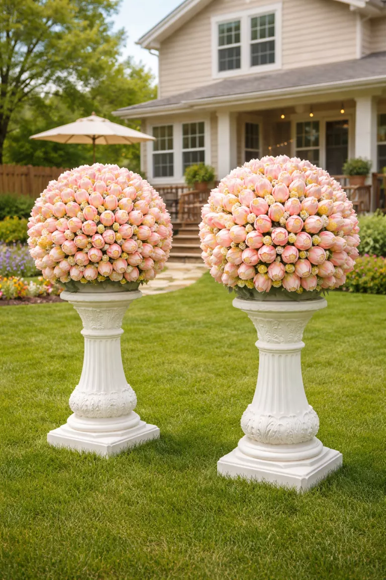 A realistic photo of a typical American home's backyard showing two large spheres made of pink silk tulips and small yellow eggs sitting on top of white ornate pedestals on a green lawn.