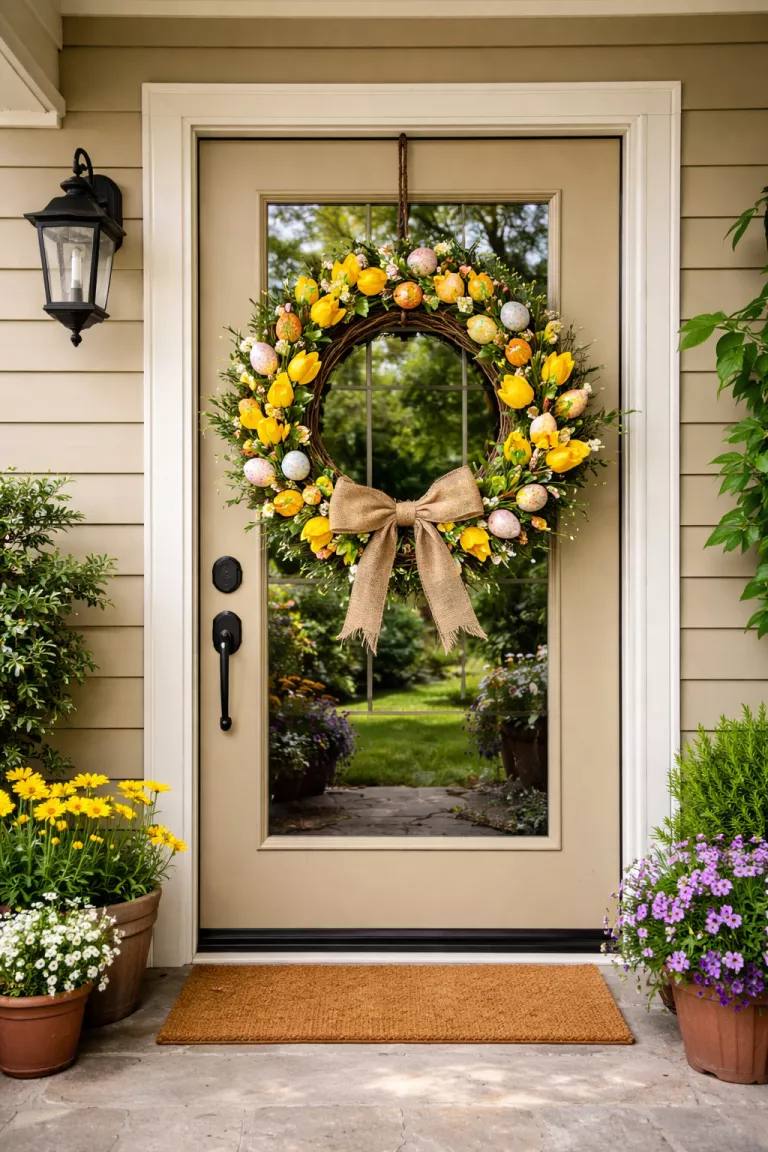 A realistic photo of a typical American home's backyard view looking at a wooden back door featuring a large circular grapevine wreath decorated with colorful speckled eggs and bright yellow silk tulips tied with a burlap ribbon.