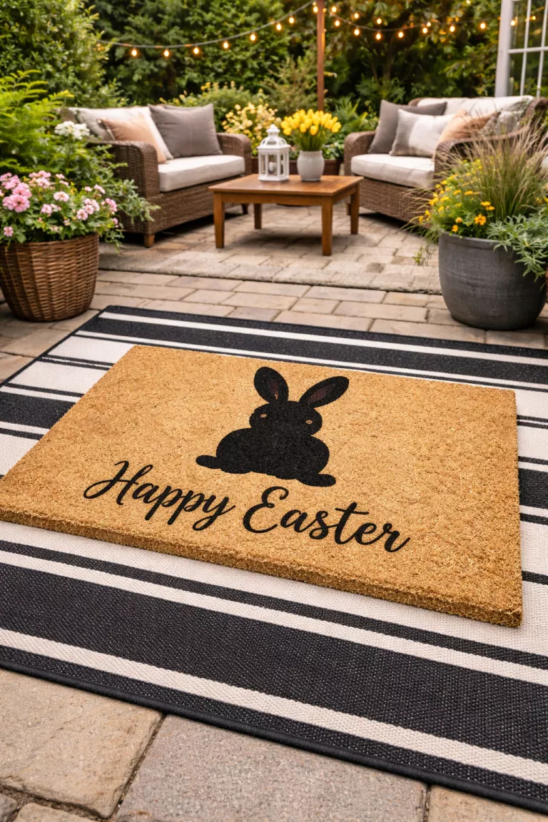 A realistic photo of a typical American home's backyard patio featuring a rectangular tan coir doormat with a black bunny silhouette and the words Happy Easter printed in bold script, layered over a larger black and white striped outdoor rug.