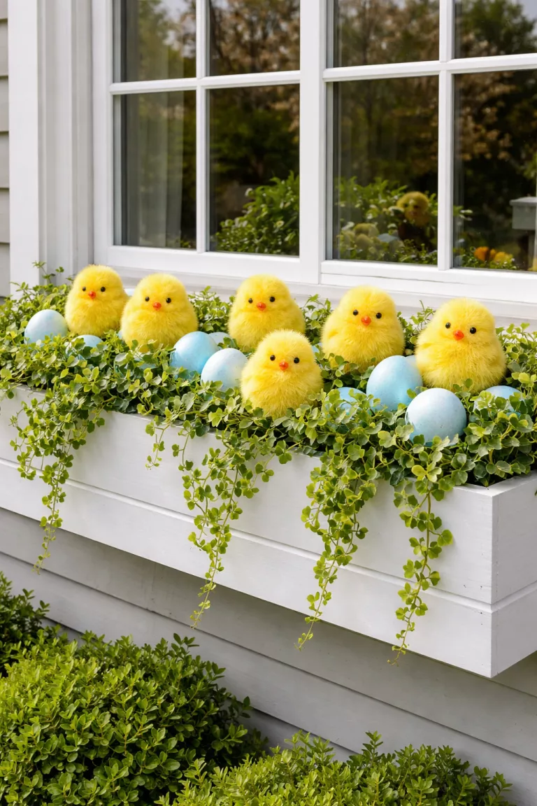 A realistic photo of a typical American home's backyard window featuring a white wooden planter box filled with bright yellow fuzzy chick figurines and pastel blue eggs nestled among green trailing ivy.