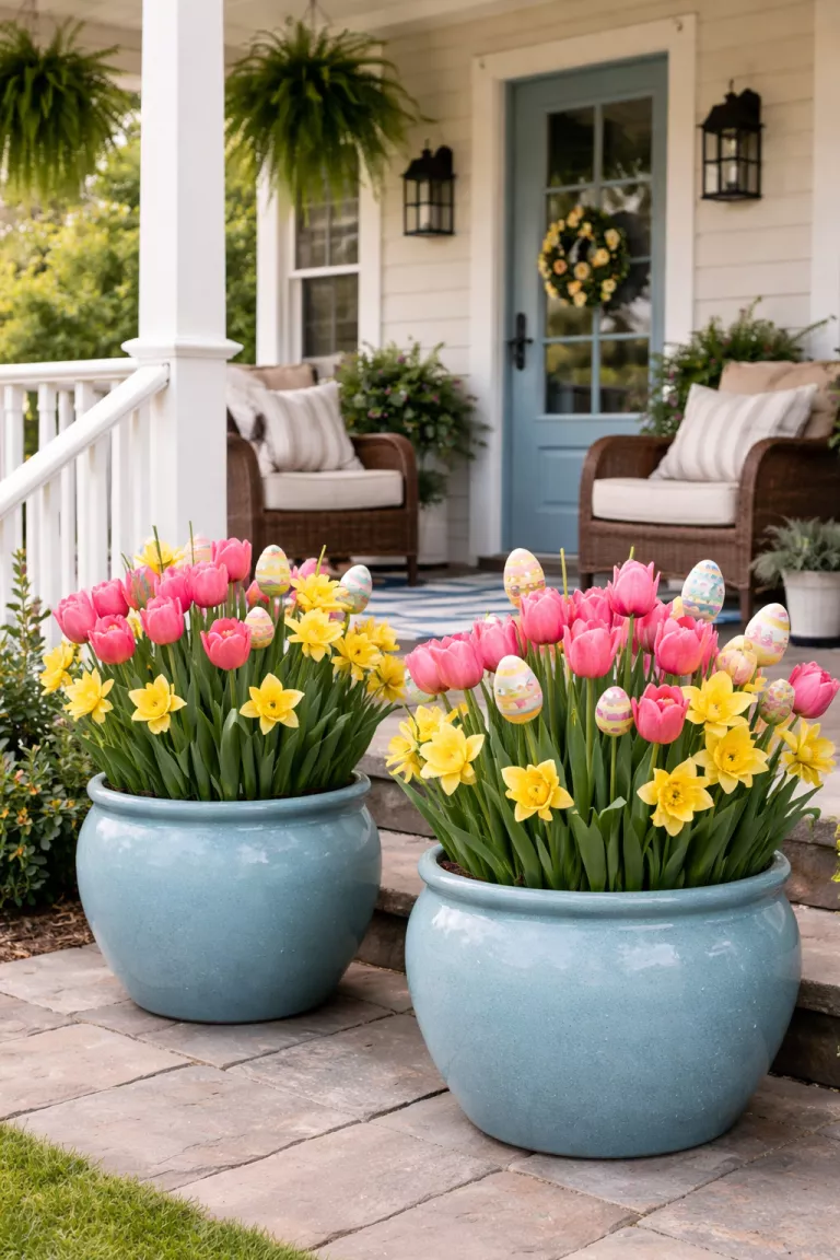 A realistic photo of a typical American home's backyard porch featuring two large light blue ceramic pots filled with bright pink tulips and yellow daffodils, with several small decorative egg stakes tucked among the blooms.
