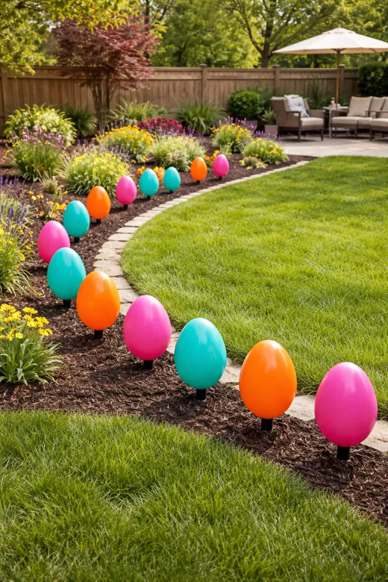 A realistic photo of a typical American home's backyard showing a line of twelve bright multicolored plastic egg shaped lawn stakes following the curve of a garden path, with vibrant shades of teal, orange, and pink popping against green grass.