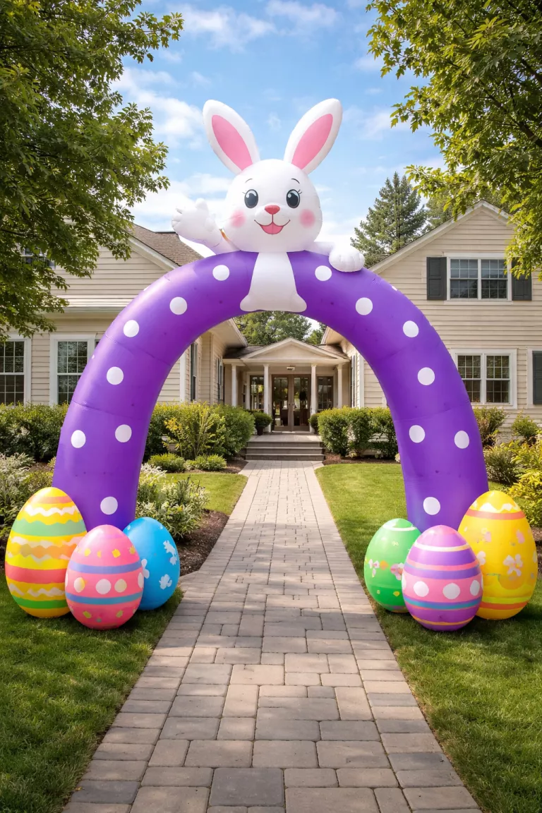 A realistic photo of a typical American home's backyard entrance with a massive purple and white inflatable archway shaped like a bunny with colorful eggs at the base, spanning across a paved walkway.