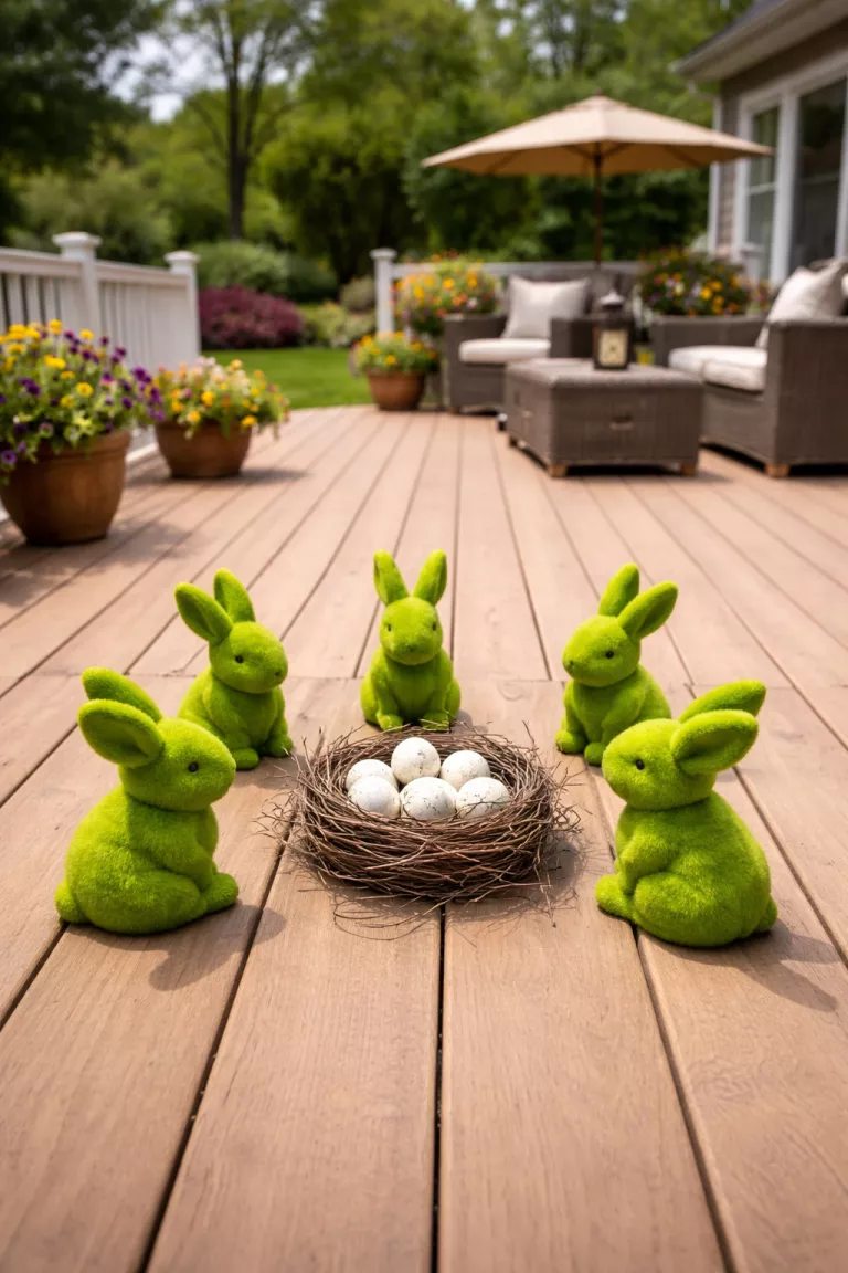 A realistic photo of a typical American home's backyard deck featuring five small bright green flocked bunny figurines sitting in a circle around an artificial birds nest containing several white eggs.