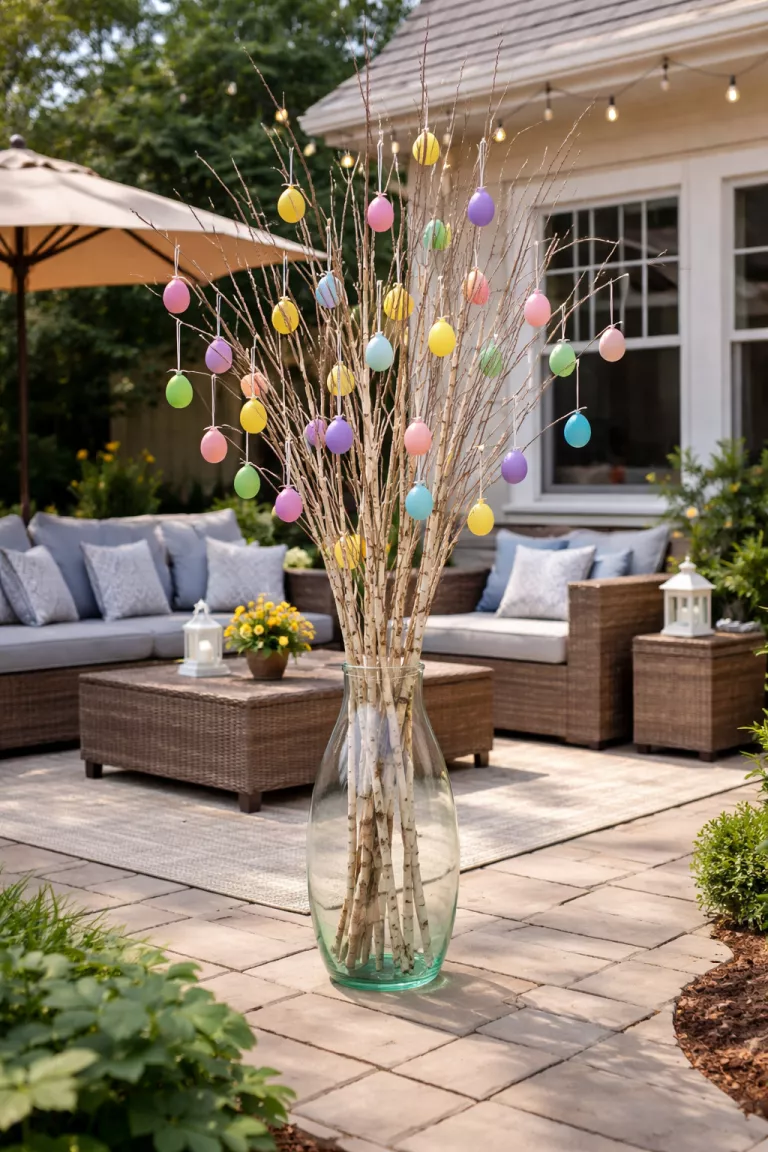 A realistic photo of a typical American home's backyard patio featuring a large glass floor vase holding tall birch branches adorned with dozens of small colorful hanging plastic eggs and thin white ribbons.