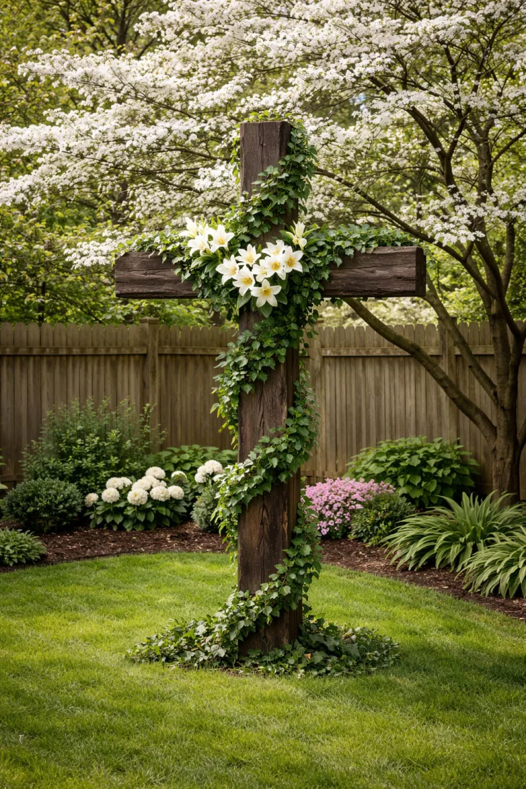 A realistic photo of a typical American home's backyard corner featuring a large dark wood rustic cross wrapped in green ivy and white lilies, standing against a backdrop of a blooming dogwood tree.