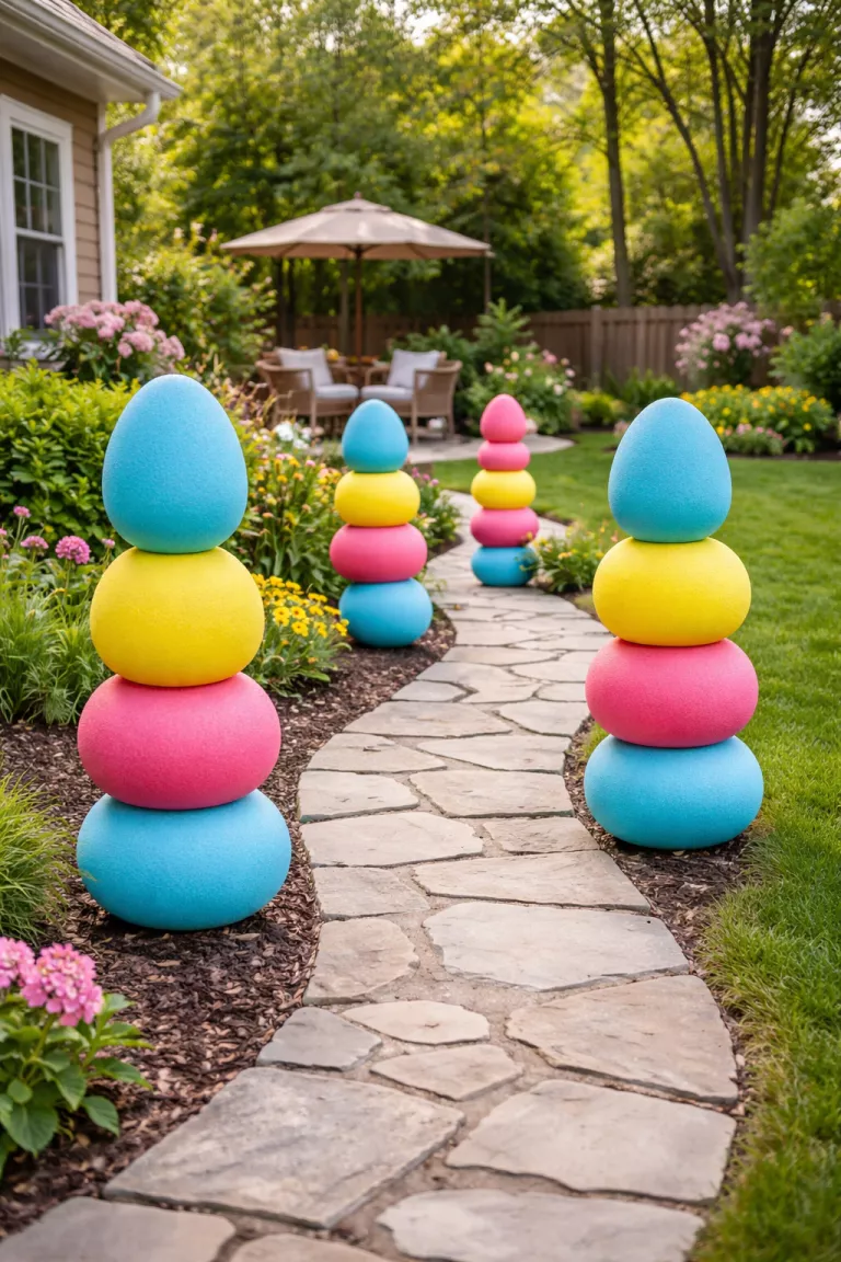 A realistic photo of a typical American home's backyard walkway bordered by stacks of three large multicolored foam eggs in bright blue, yellow, and pink, held together by thin internal metal rods.