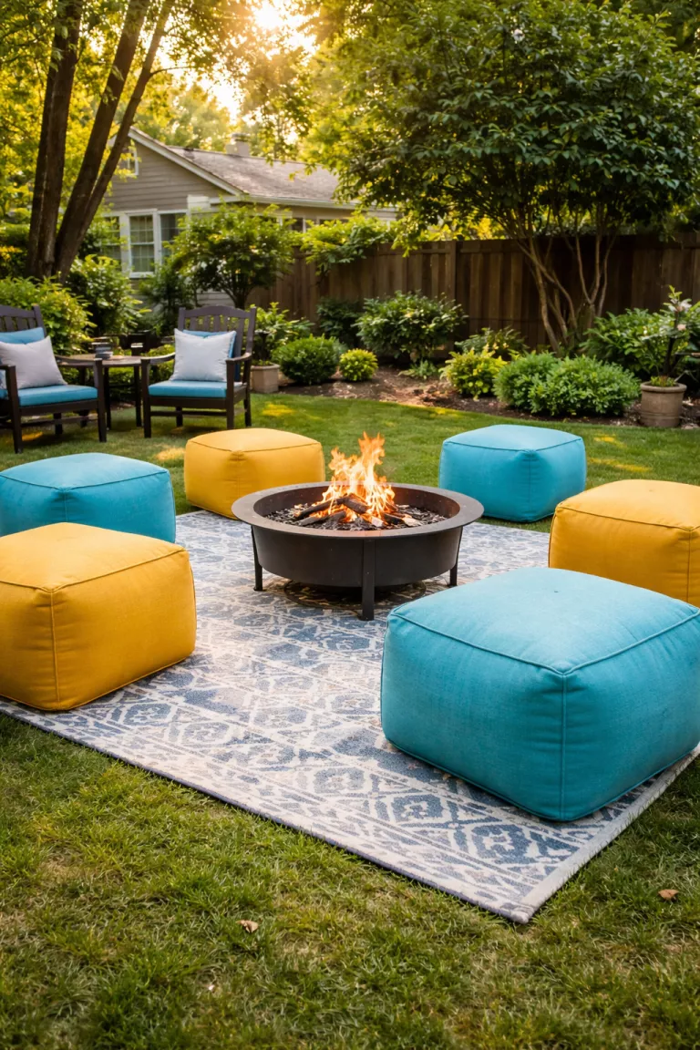 A realistic photo of a typical American home's backyard with several bright mustard yellow and turquoise outdoor poufs scattered around a low metal fire pit on a patterned outdoor rug.