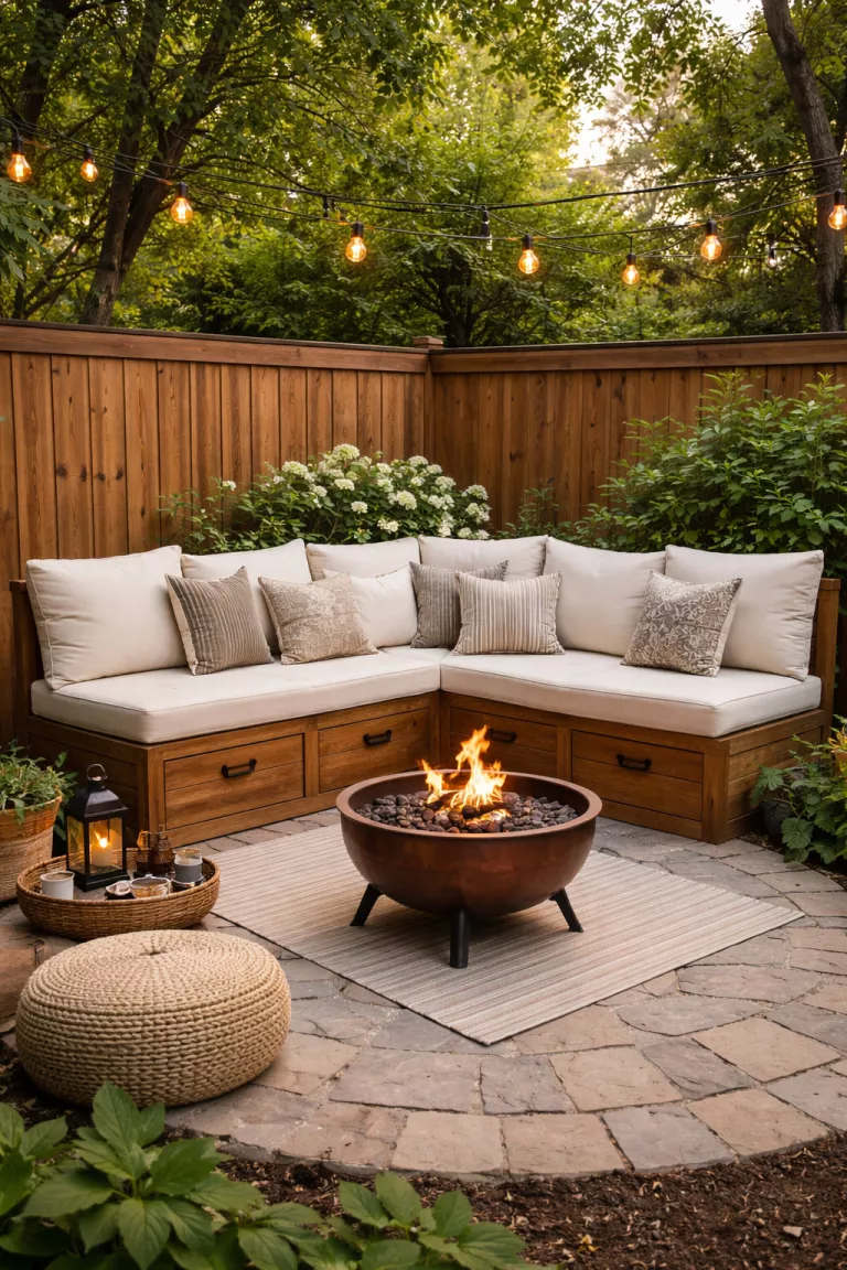 A realistic photo of a typical American home's backyard featuring a small wooden corner nook with cream cushions and built-in storage drawers beneath, facing a small copper fire pit.