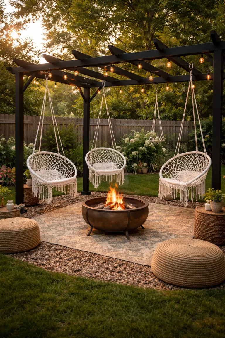 A realistic photo of a typical American home's backyard with three white macrame hanging hammock chairs suspended from a black metal pergola over a small copper fire pit.