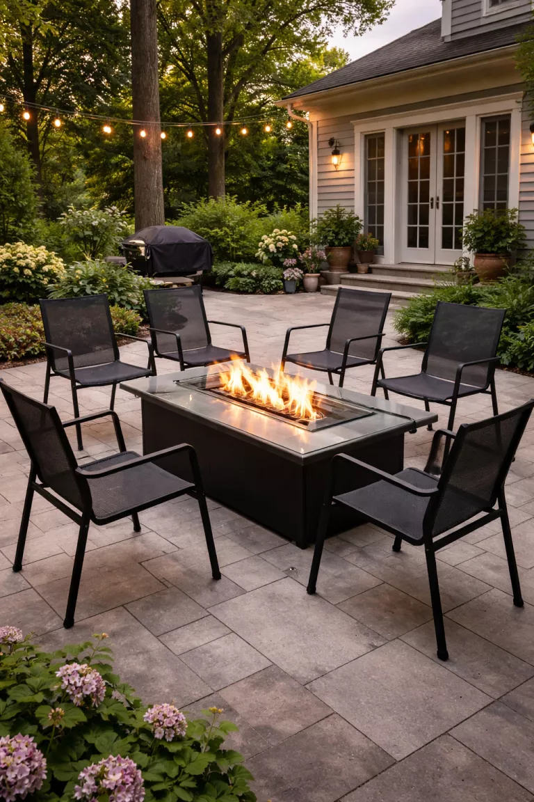 A realistic photo of a typical American home's backyard featuring six black powder-coated minimalist metal chairs with mesh seats surrounding a sleek glass and steel fire table.