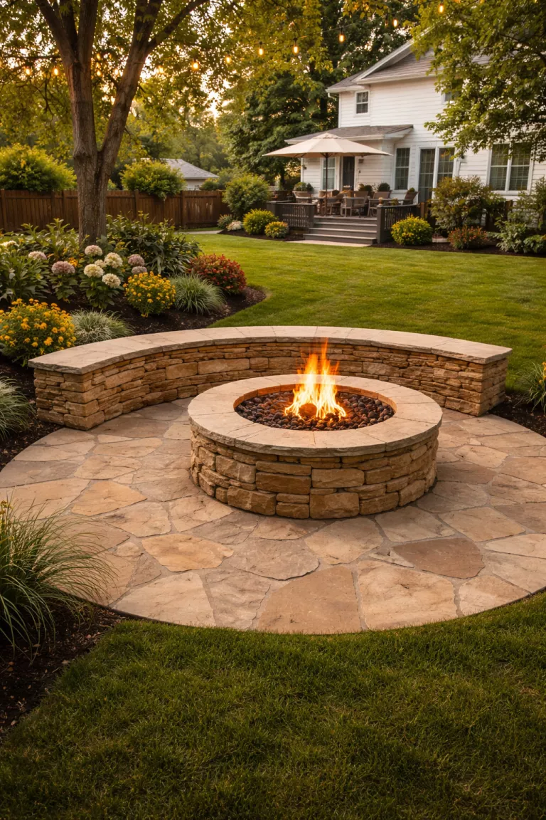 A realistic photo of a typical American home's backyard featuring a dry-stacked tan flagstone bench with a flat stone seat built into a circular patio around a matching stone fire pit.