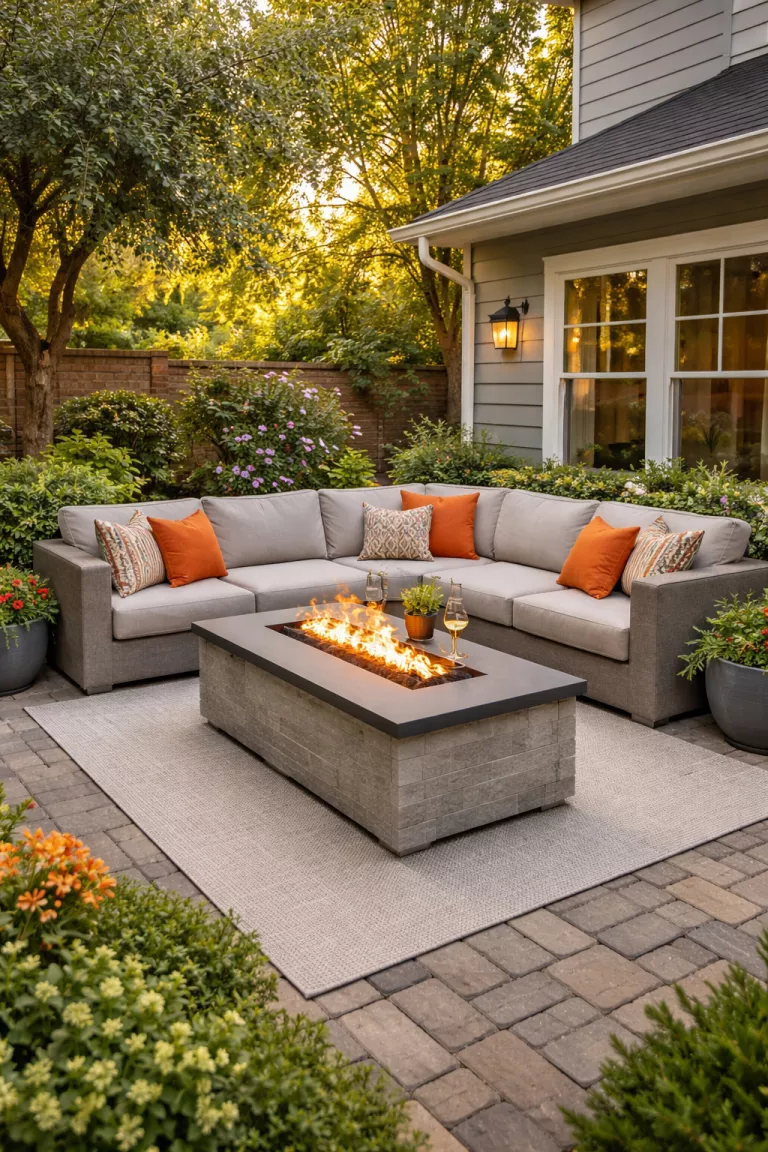 A realistic photo of a typical American home's backyard featuring a large light grey L-shaped outdoor sofa with orange accent pillows tucked into a corner patio next to a rectangular gas fire pit.