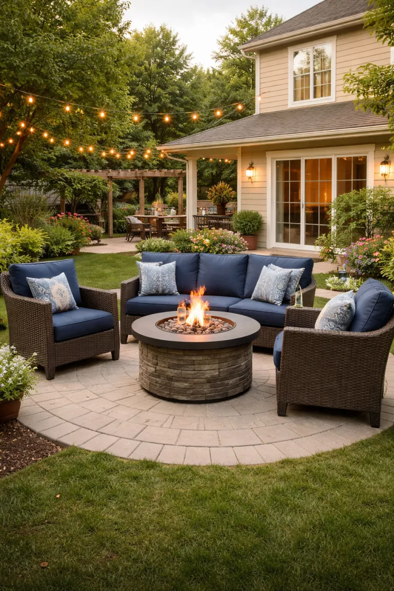 A realistic photo of a typical American home's backyard with a dark brown woven wicker lounge set including a sofa and two chairs with navy blue cushions around a round propane fire pit.