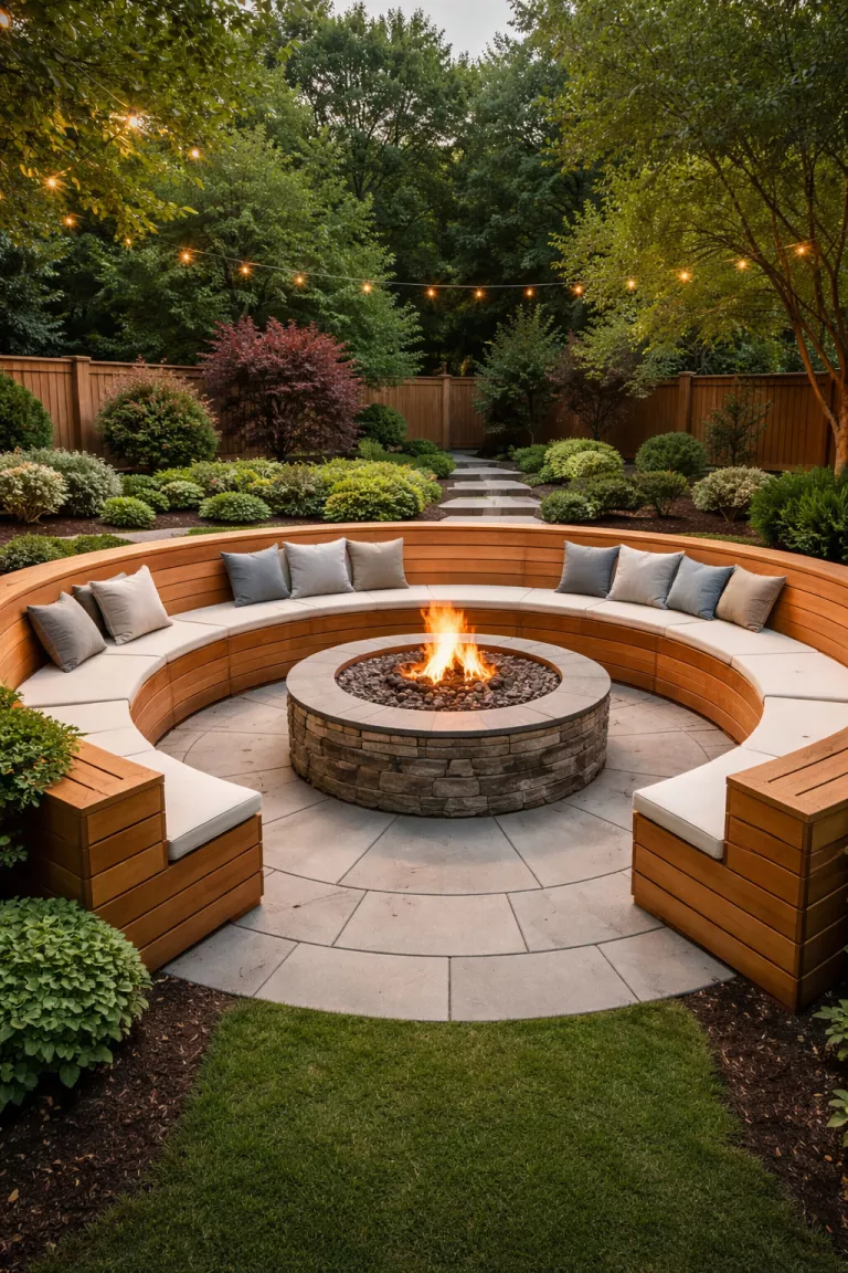 A realistic photo of a typical American home's backyard showing a continuous circular cedar wood bench wrapping entirely around a recessed stone fire pit in a modern garden.