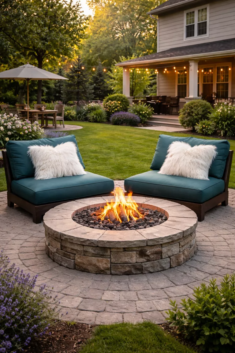 A realistic photo of a typical American home's backyard featuring two oversized dark teal deep-seated lounge chairs with fluffy white faux fur pillows next to a round stone fire pit.