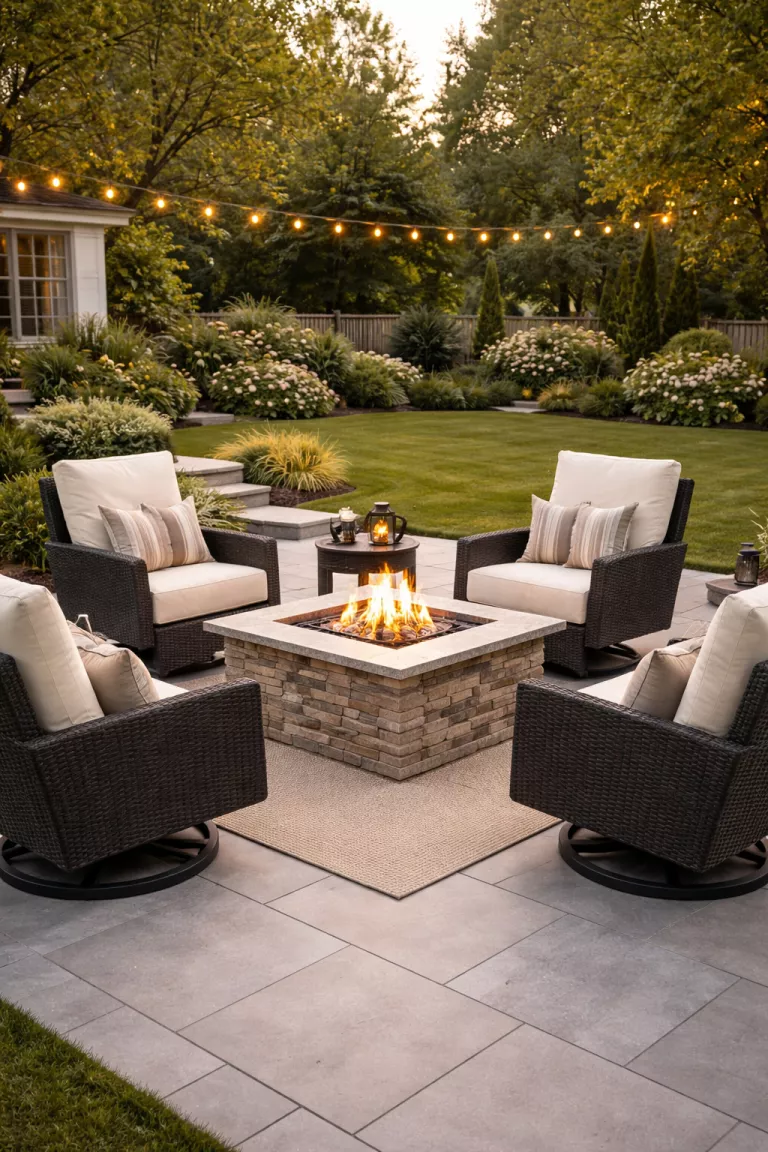 A realistic photo of a typical American home's backyard featuring four cream colored swivel glider lounge chairs with black wicker bases arranged around a square stone fire table on a porcelain tile patio.