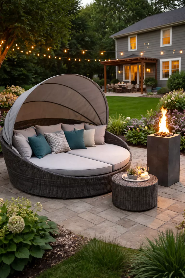 A realistic photo of a typical American home's backyard with a large grey circular outdoor daybed with a retractable canopy parked near a modern fire column on a stone patio.