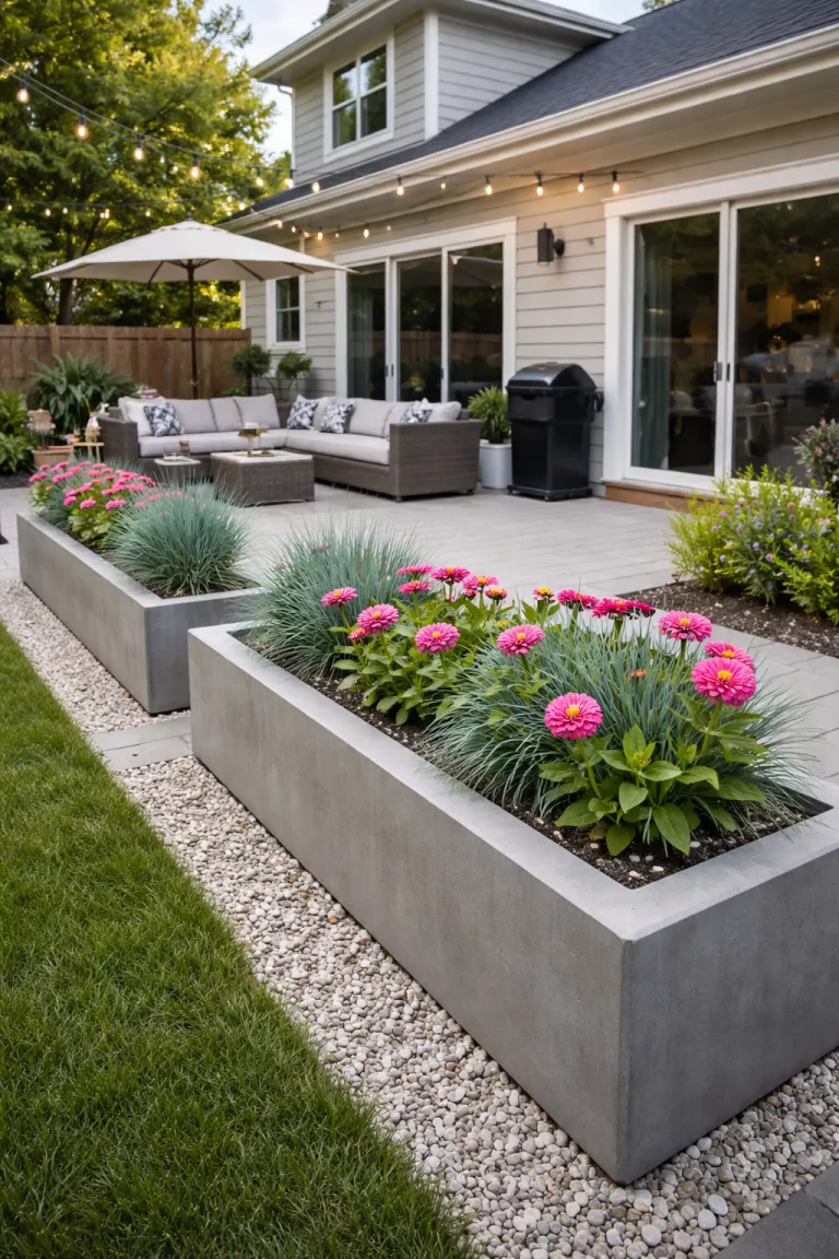 A realistic photo of a typical American home's backyard featuring long grey concrete trough planters with blue fescue grass and bright pink zinnias on a modern patio