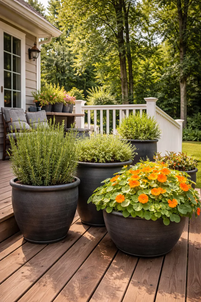 A realistic photo of a typical American home's backyard deck featuring several dark grey ceramic pots filled with green rosemary, thyme, and orange nasturtiums