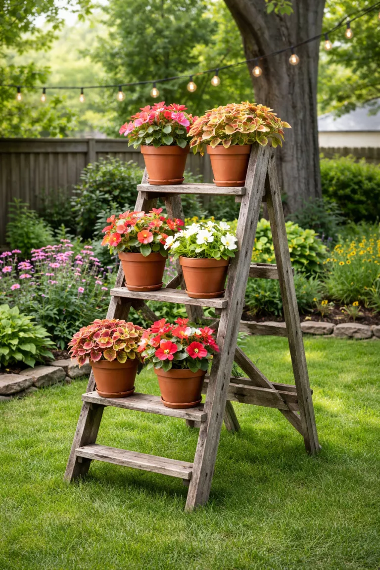 A realistic photo of a typical American home's backyard featuring an old wooden ladder supporting several terracotta pots filled with bright wax begonias and coleus