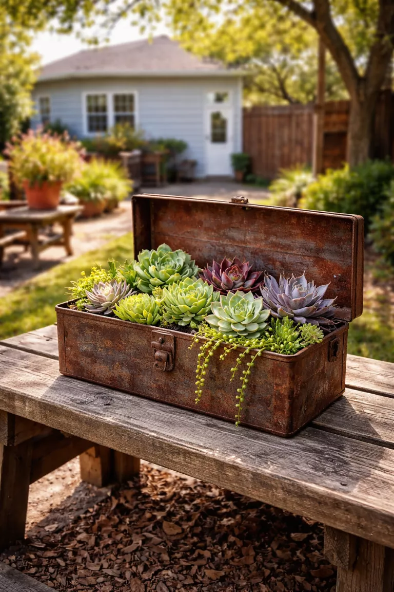 A realistic photo of a typical American home's backyard with a rusty metal toolbox sitting on a wooden bench filled with various green and purple succulents