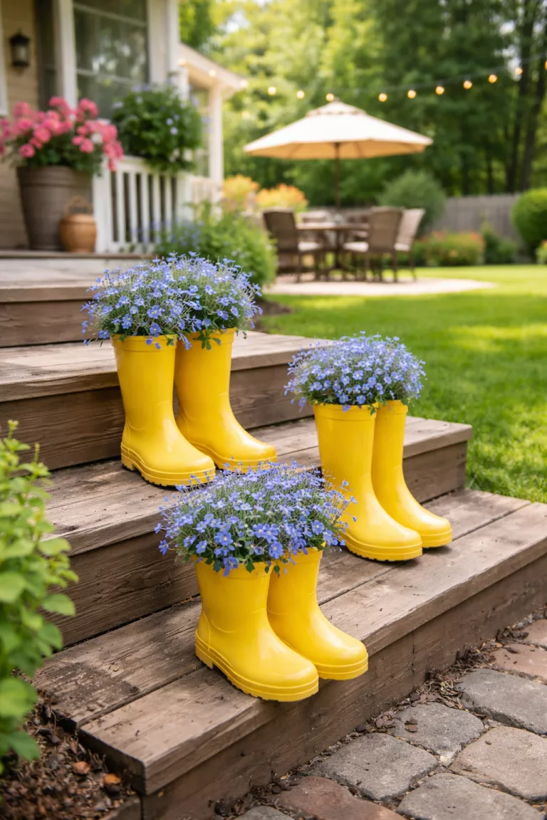 A realistic photo of a typical American home's backyard with bright yellow rain boots used as planters for small blue lobelia flowers on wooden porch steps