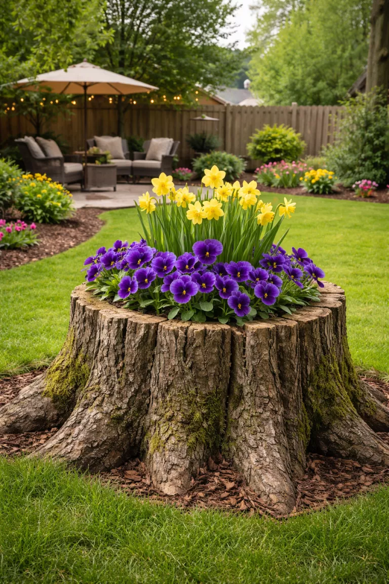 A realistic photo of a typical American home's backyard featuring a natural hollowed tree stump filled with bright purple pansies and yellow spring bulbs