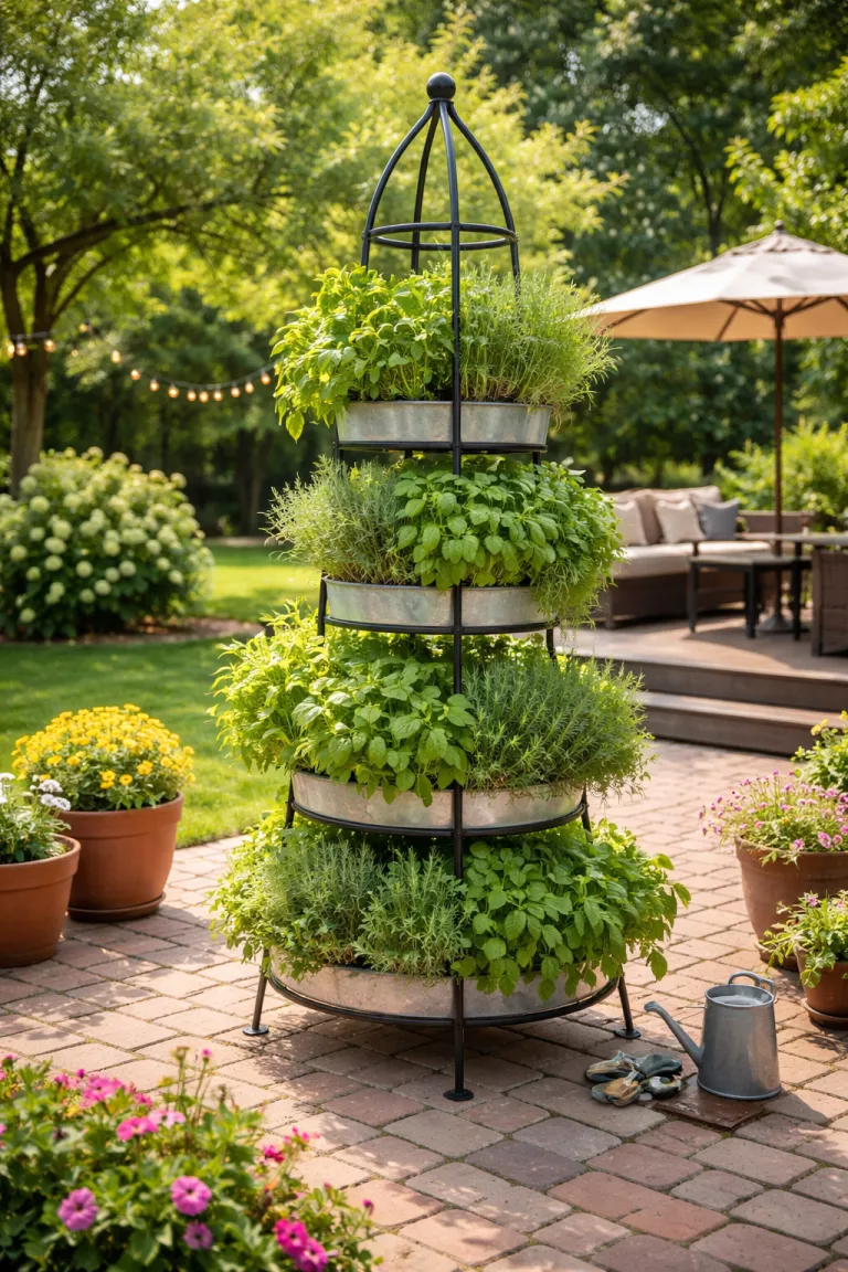 A realistic photo of a typical American home's backyard featuring a tall black steel rod tower planter overflowing with green herbs on a sunny brick patio