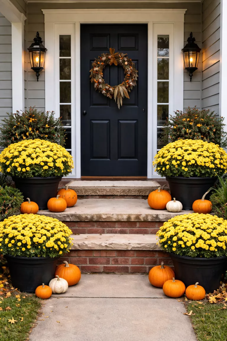 A realistic photo of a typical American home's front porch featuring black plastic pots filled with yellow chrysanthemums and small orange pumpkins for autumn