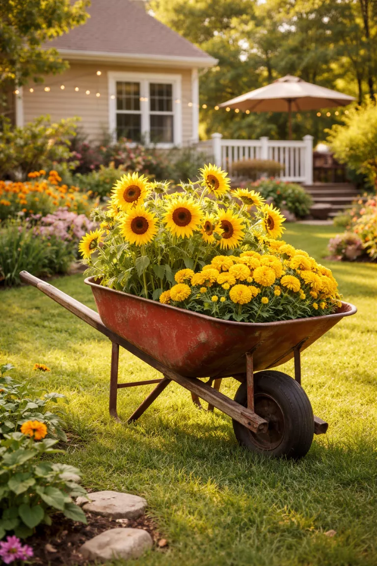A realistic photo of a typical American home's backyard featuring a rustic red metal wheelbarrow filled with tall sunflowers and yellow marigolds