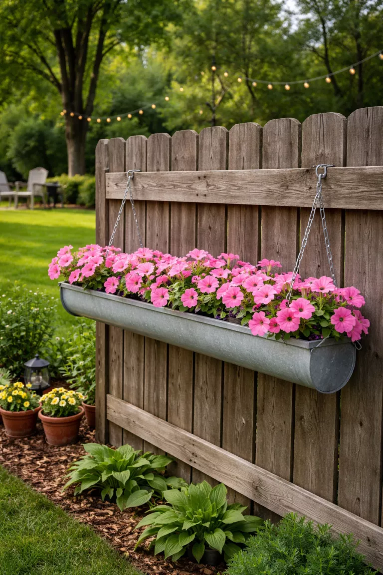 A realistic photo of a typical American home's backyard featuring a long silver galvanized chicken feeder filled with pink petunias and hanging from a rustic wooden fence