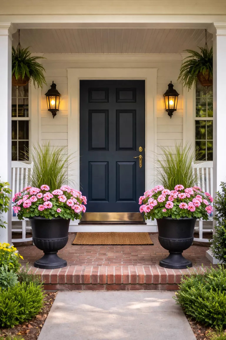 A realistic photo of a typical American home's porch featuring two large matching black urns filled with pink geraniums and tall green grasses flanking a front door