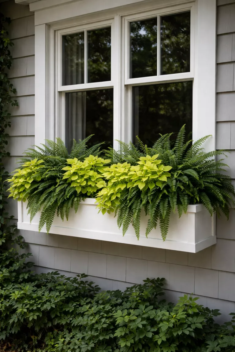 A realistic photo of a typical American home's window with a white wooden window box filled with lime green coleus and dark green ferns on a shaded wall