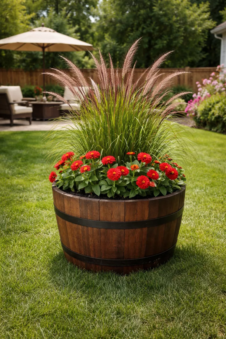 A realistic photo of a typical American home's backyard displaying a dark brown wood half whiskey barrel planter with tall fountain grass and red zinnias