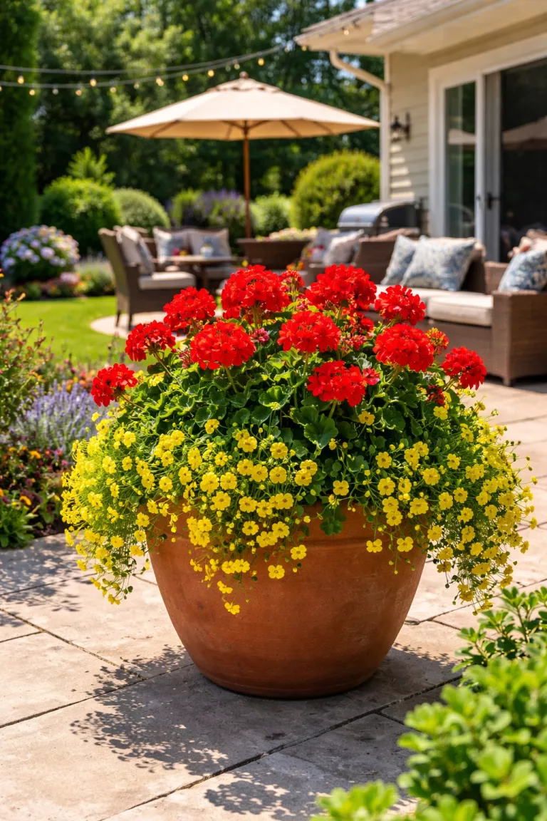 A realistic photo of a typical American home's backyard patio featuring a large terracotta pot overflowing with bright red geraniums and yellow million bells in full sun