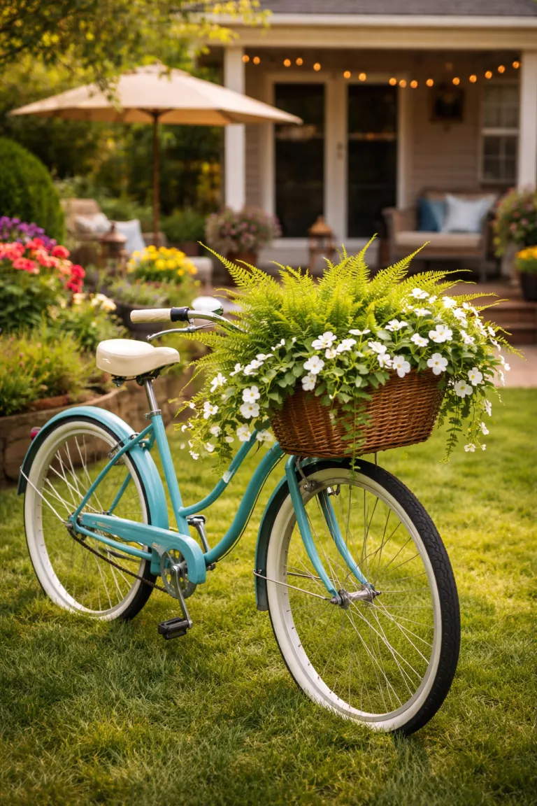 A realistic photo of a typical American home's backyard showing a vintage turquoise bicycle with a front wicker basket overflowing with green ferns and white impatiens