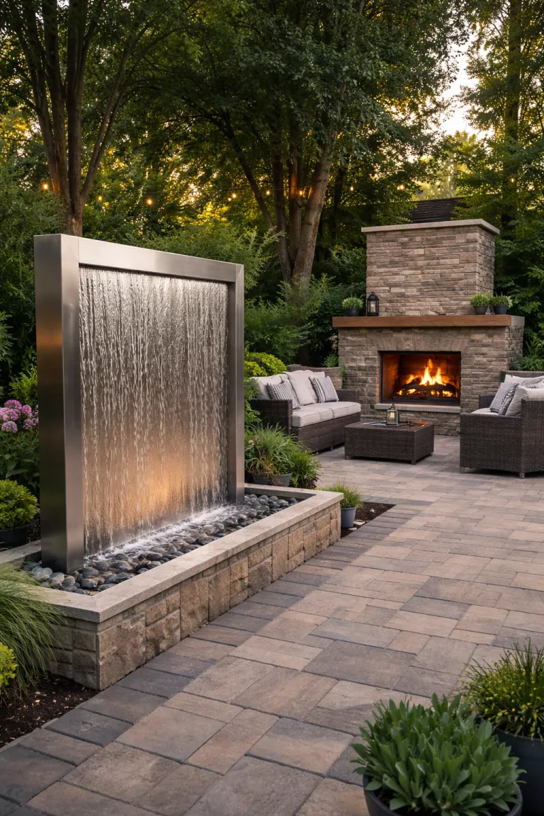 A realistic photo of a typical American home's backyard featuring a wide stainless steel rectangular water wall standing on a stone terrace next to a modern outdoor fireplace.