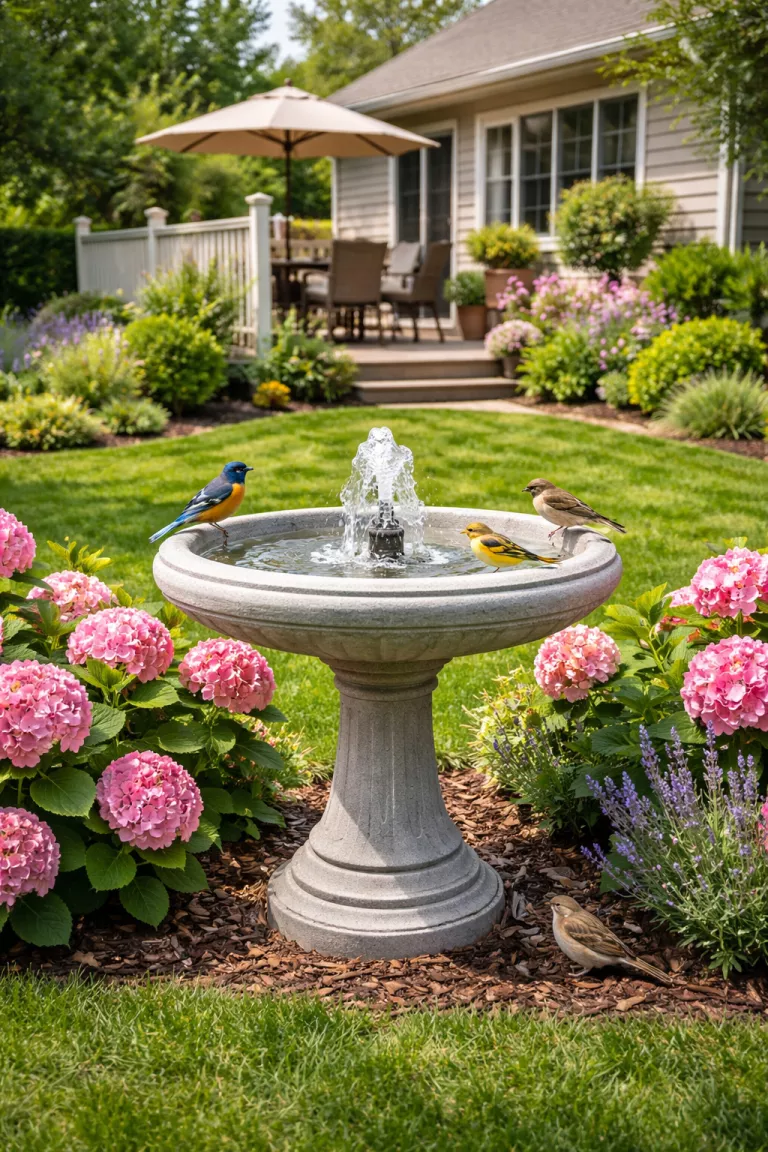 A realistic photo of a typical American home's backyard featuring a light gray concrete birdbath with a bubbling center fountain surrounded by pink hydrangeas and a few small birds nearby.