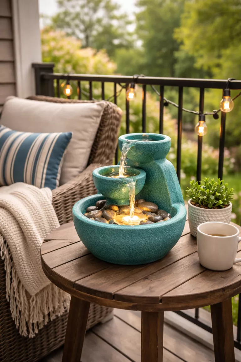A realistic photo of a typical American home's backyard showing a small teal tabletop fiberglass fountain resting on a wooden side table next to an outdoor lounge chair on a balcony.