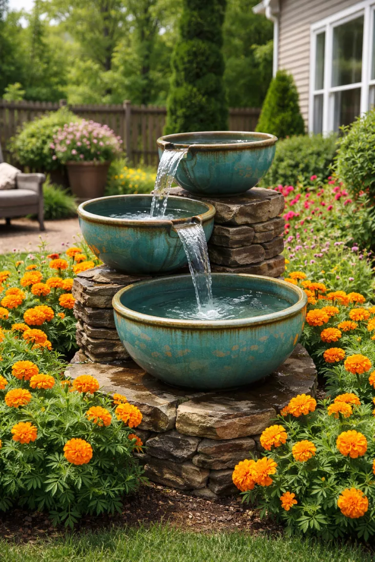 A realistic photo of a typical American home's backyard showing three tiered turquoise ceramic bowls spilling water into one another on a stone pedestal surrounded by orange marigolds.