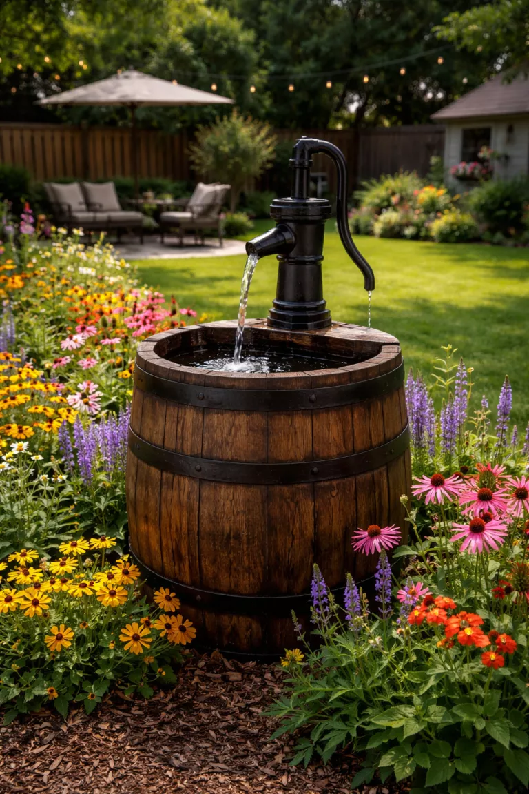 A realistic photo of a typical American home's backyard with a dark brown wooden whiskey barrel fountain featuring a cast iron hand pump spigot and surrounded by colorful wildflowers.