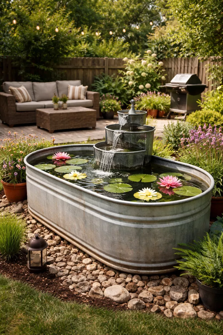 A realistic photo of a typical American home's backyard featuring a weathered silver galvanized steel farm trough converted into a fountain with floating water lilies.